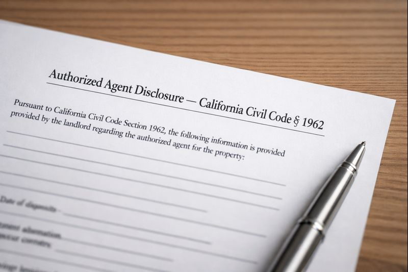 Authorized Agent Disclosure document citing California Civil Code Section 1962, showing required tenant notice for a property management change.