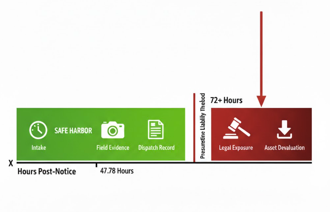 Maintenance response timeline for California property managers showing the 72-hour threshold. Green zone represents documented mitigation within 72 hours; red zone represents presumptive liability, rent abatement, and habitability enforcement risks.