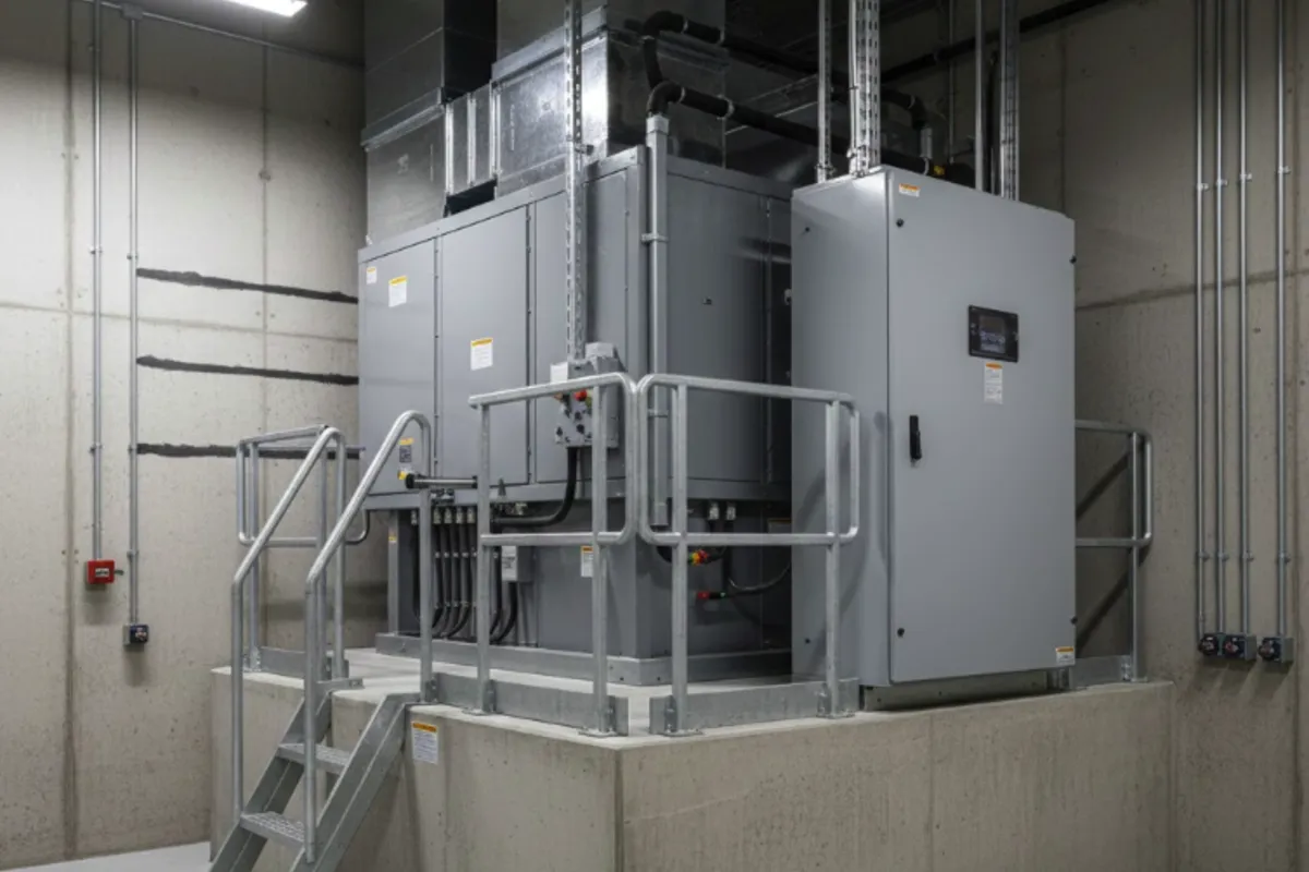 HVAC and electrical panels elevated above Base Flood Elevation in floodplain property