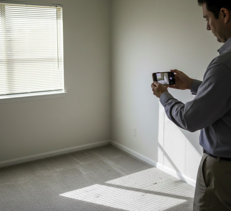 Property manager documenting apartment condition during rental inspection in La Mesa California for security deposit evidence documentation