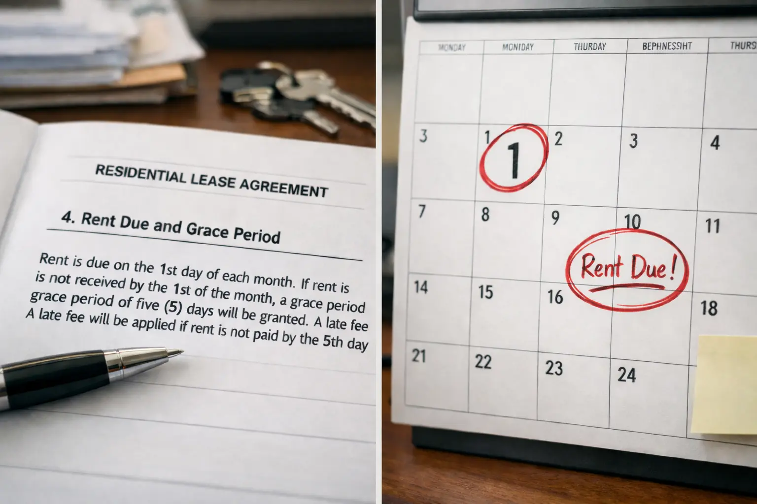 Lease grace period clause compared to calendar rent due date