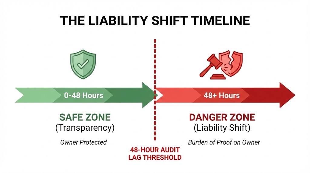 Infographic showing the 48-hour audit lag threshold where property management transparency shifts to strict owner liability. Visual timeline contrasts the "Safe Zone" (0-48 hours) against the "Danger Zone" (48+ hours).