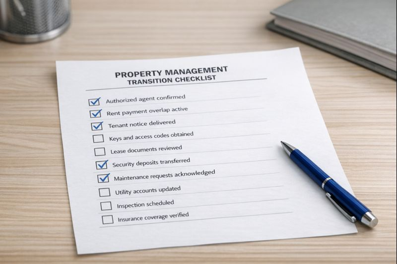 Property management transition checklist confirming authorized agent, rent payment overlap, tenant notice delivery, and maintenance acknowledgment.