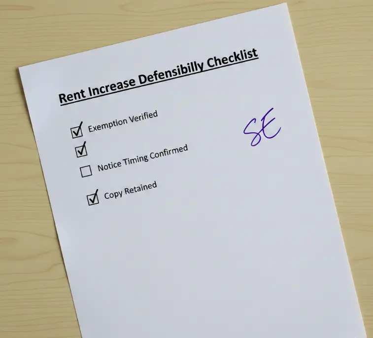 Completed rent increase defensibility checklist verifying exemption and notice compliance.
