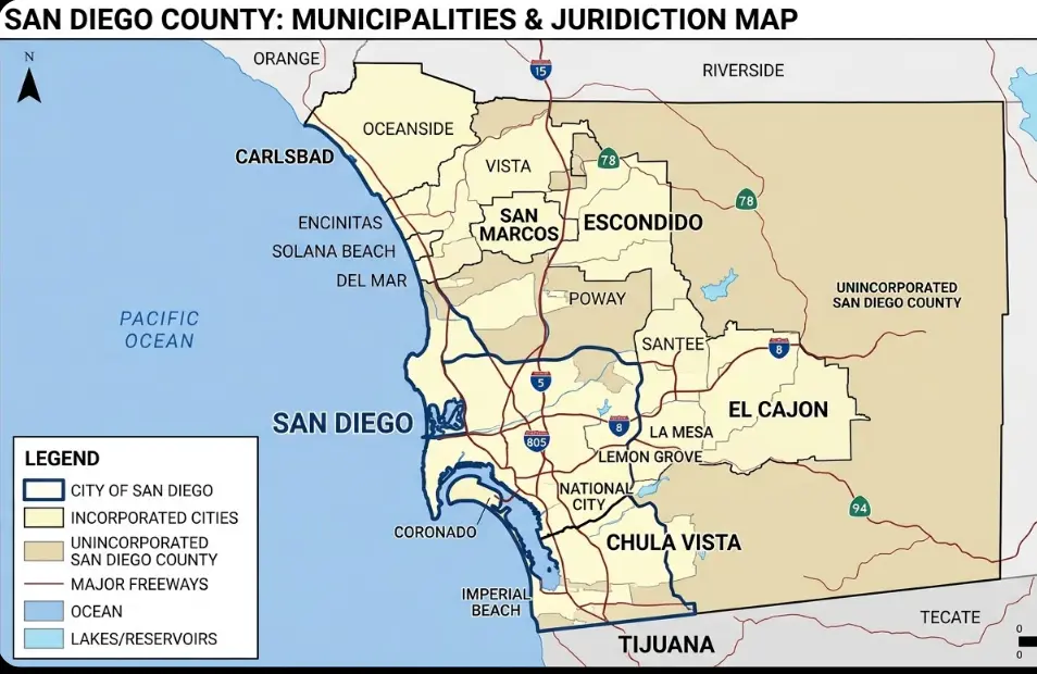 Map showing San Diego city and surrounding cities where rental business tax rules differ