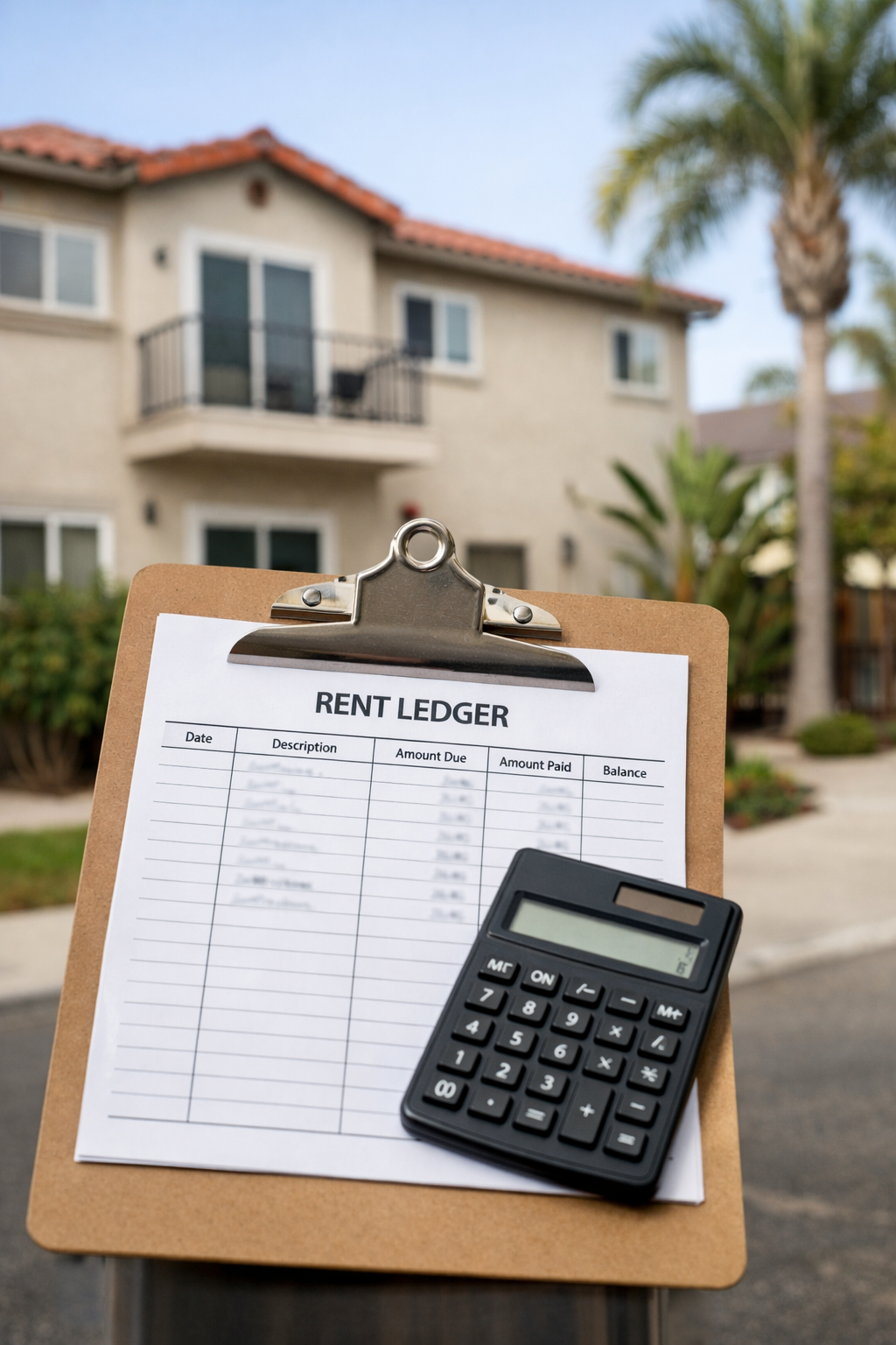 San Diego rental property with rent ledger and calculator illustrating NOI loss.