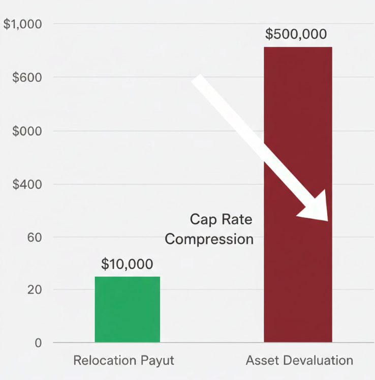 A financial bar chart comparing the one-time cost of relocation assistance against the long-term asset devaluation caused by registry errors and notice invalidation in San Diego County.