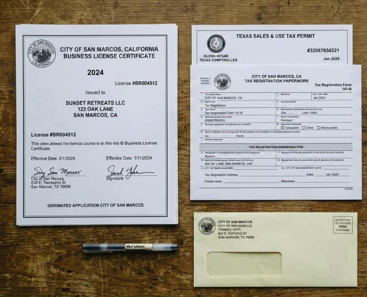 San Marcos business license and short-term rental permit paperwork