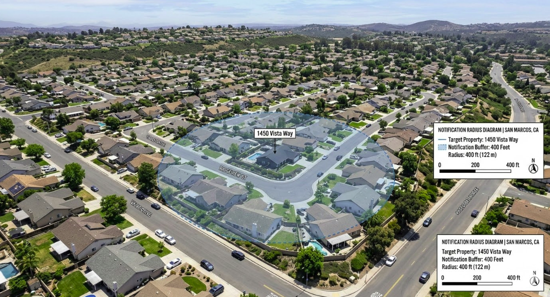 400-foot notification radius used for San Marcos short-term rental administrative review