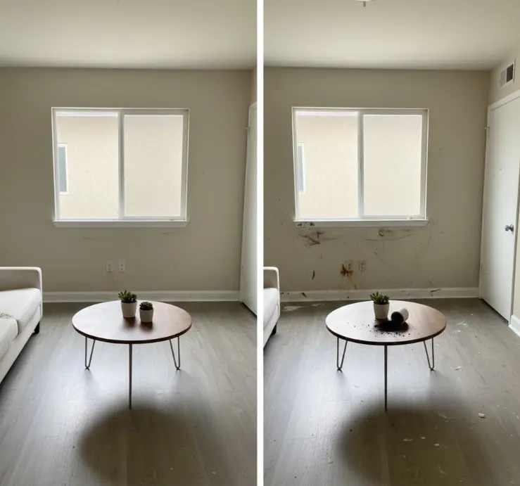 Before and after apartment condition photos showing comparison used in security deposit evidence chain documentation